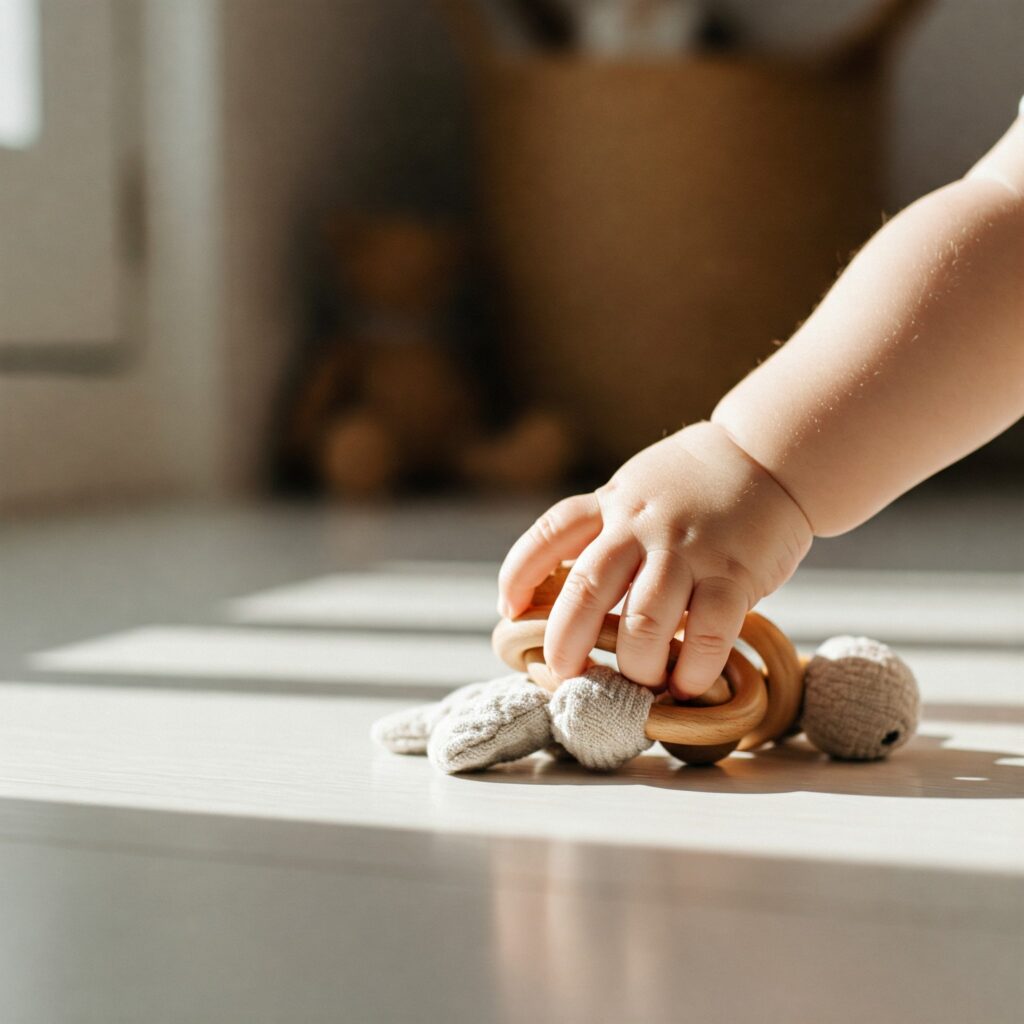 Toddler's hands playing on a floor, symbolizing children's increased vulnerability to microplastic exposure.