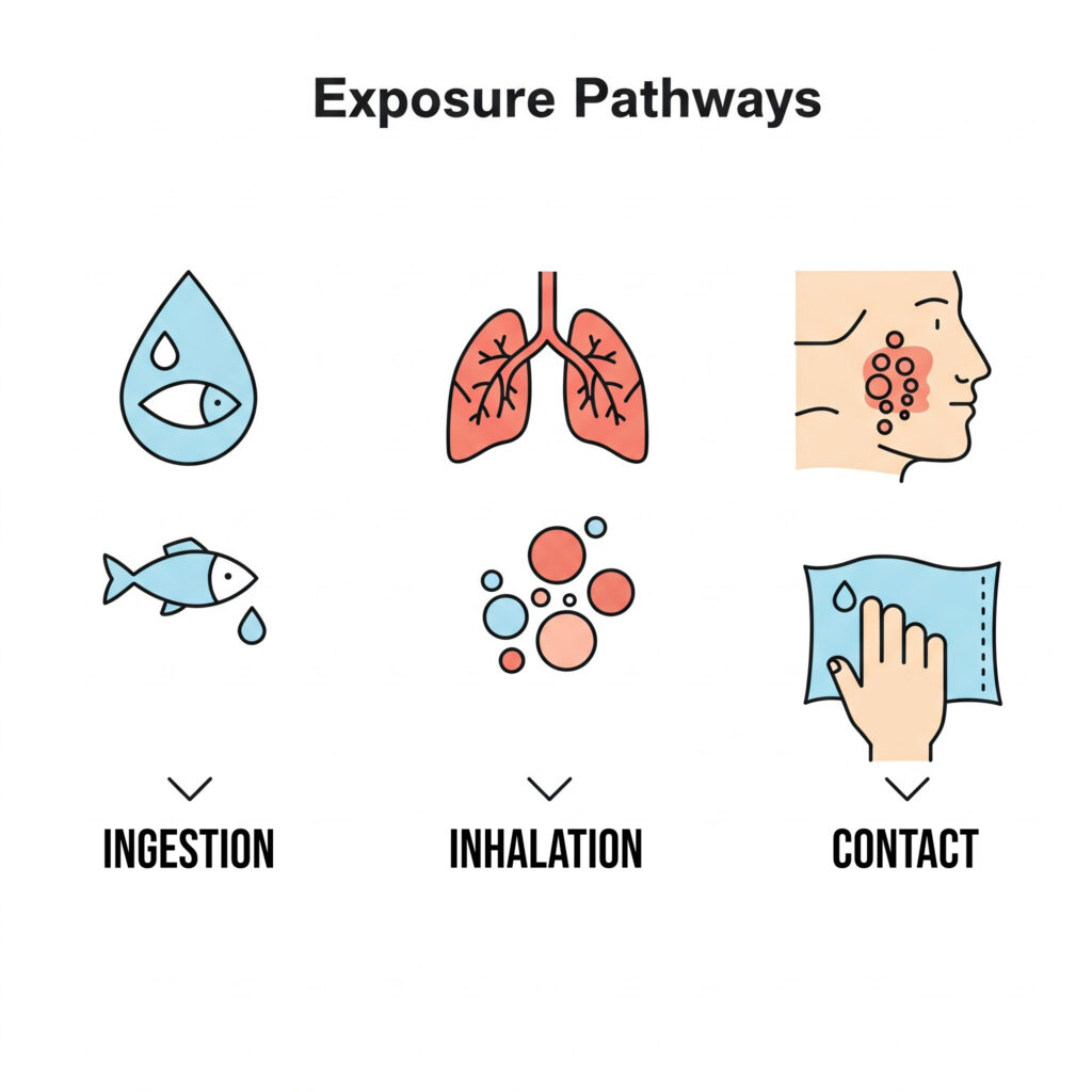 Infographic showing icons for ingestion, inhalation, and dermal contact as main routes of human microplastic exposure.