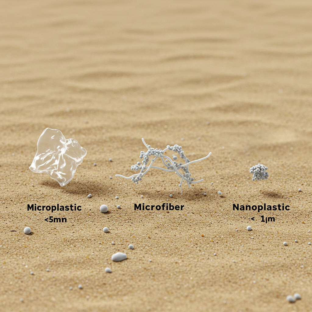 Infographic comparing the sizes and shapes of microplastics, microfibers, and nanoplastics