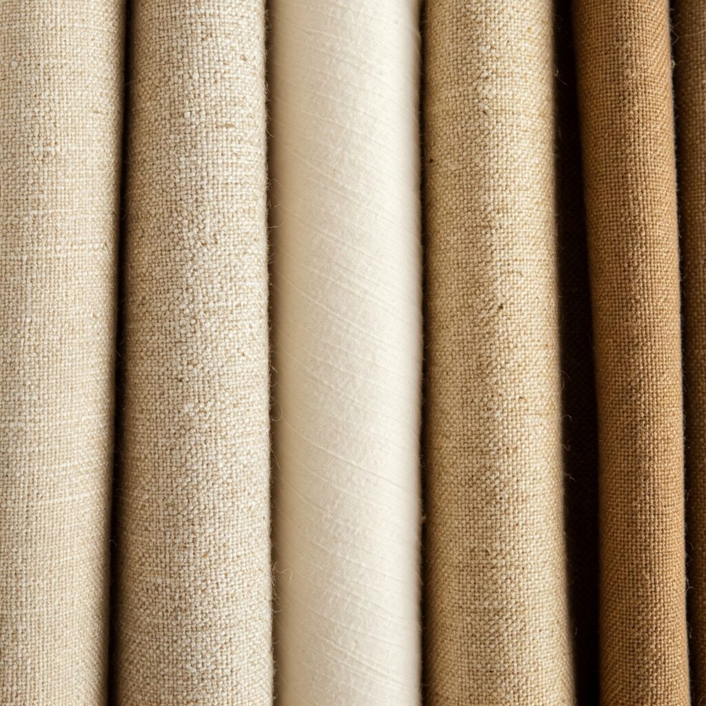 Close-up showing the textures of natural fiber fabrics like organic cotton, linen, and hemp as alternatives to polyester.