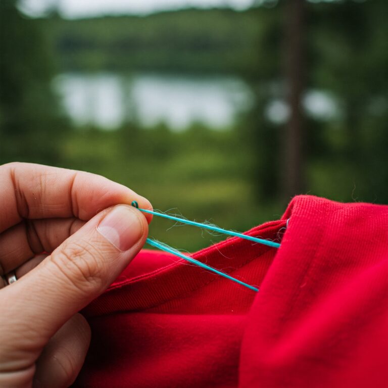 Hand pulling a single polyester thread unraveling from clothing, symbolizing microfiber shedding and microplastic pollution