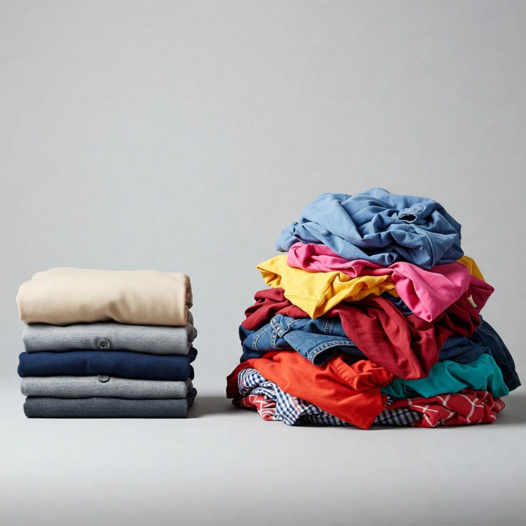 Minimalist comparison of a small stack of quality clothes versus a large pile of fast fashion, promoting buying less.