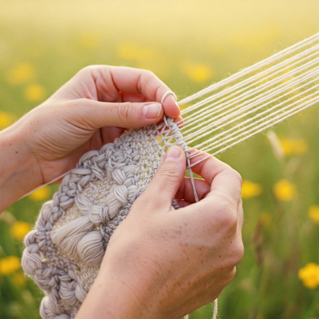 Hopeful image of hands weaving natural fibers, representing a move towards a sustainable, less plastic future.